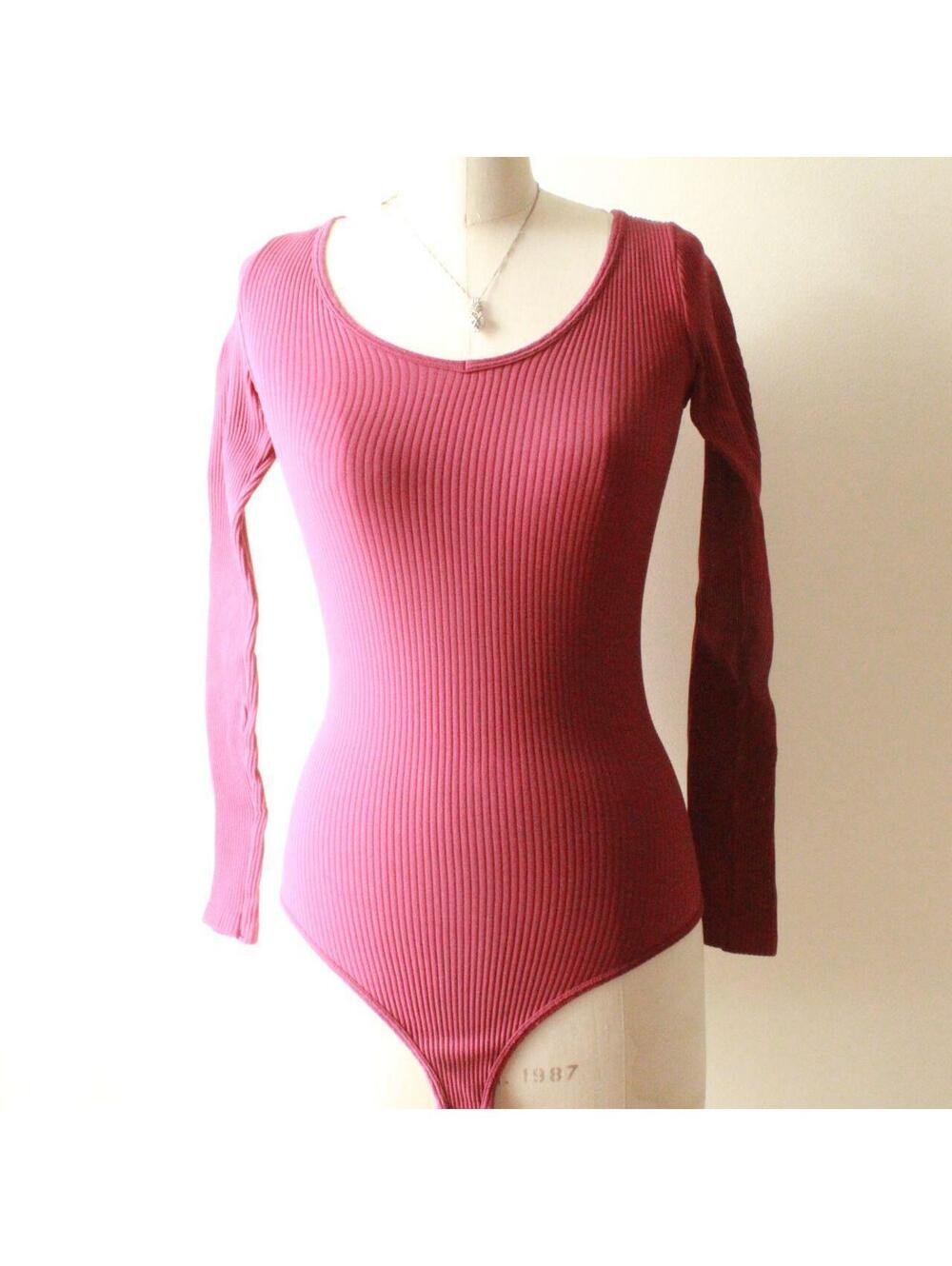 Free People Intimates Burgundy Ribbed V-Neck Long Sleeve Bodysuit XS/S